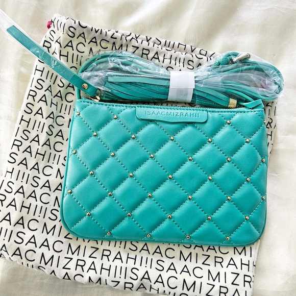 SHOULDER BAG, ISAAC MIZRAHI, SOFT LEATHER, SLIM, QUILTED, TURQUOISE, TOP ZIP - Picture 2 of 8